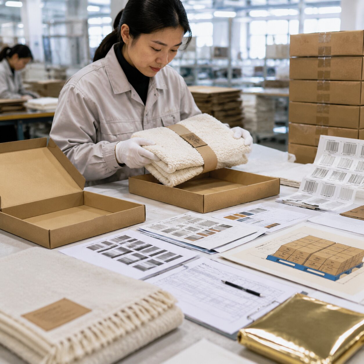 Folded 330gsm recycled polyester sherpa throw beside flat and assembled recycled kraft retail gift boxes, barcode verification sheets, compression-tested master cartons, pallet pattern sheets, and QC approval documents on an inspection bench