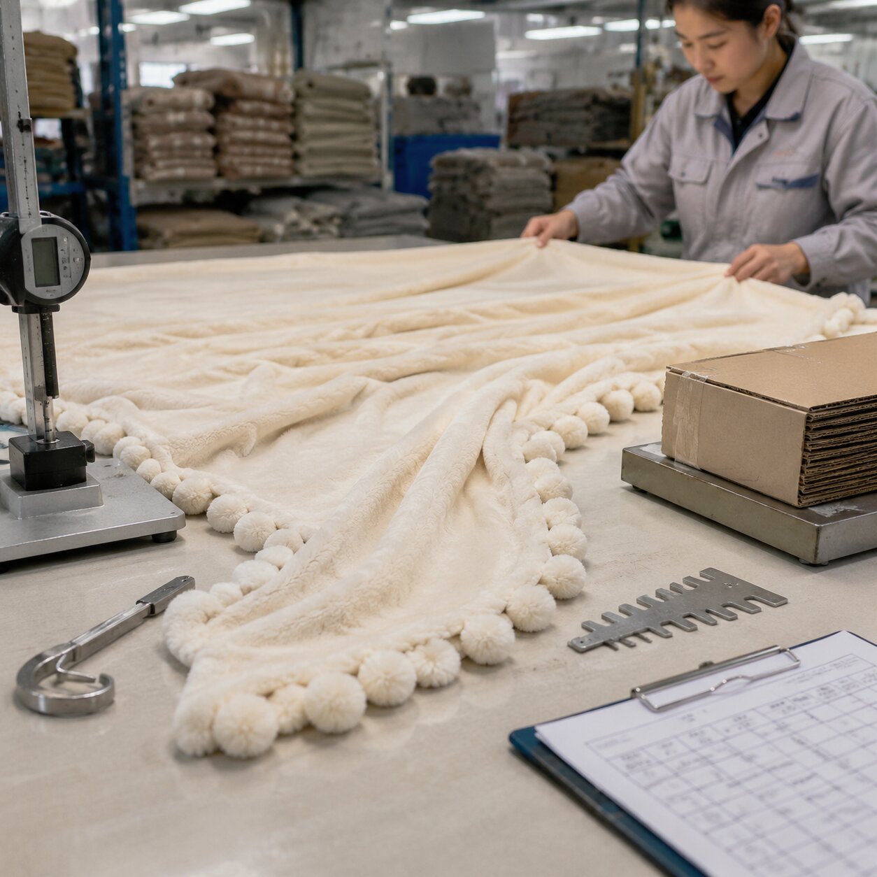 340gsm coral fleece throw with pompom trim on a factory inspection table showing seam allowance and trim stitching