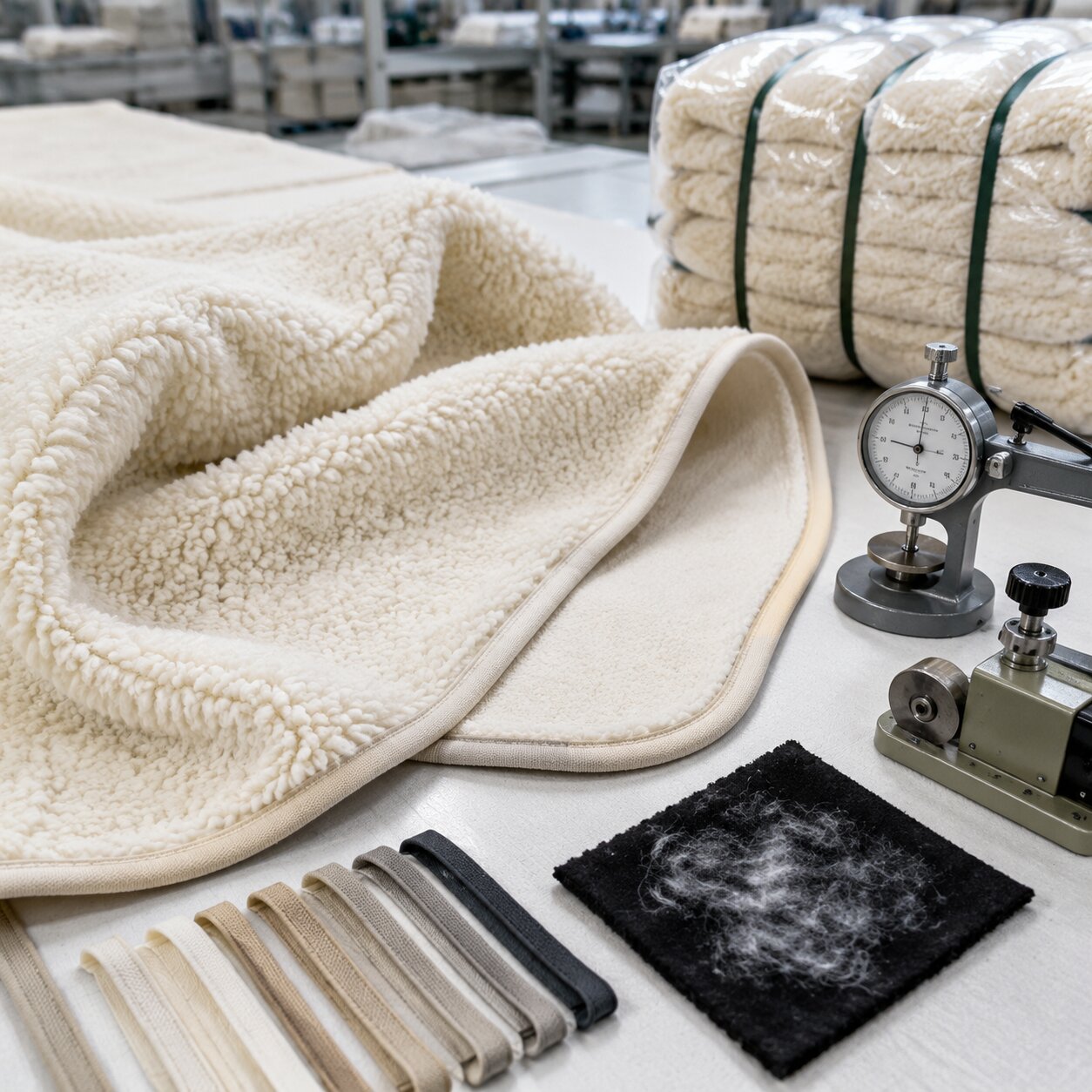 Close inspection of cream high-loft berber polyester throw fabric with visible curled pile and coated back on a mill table