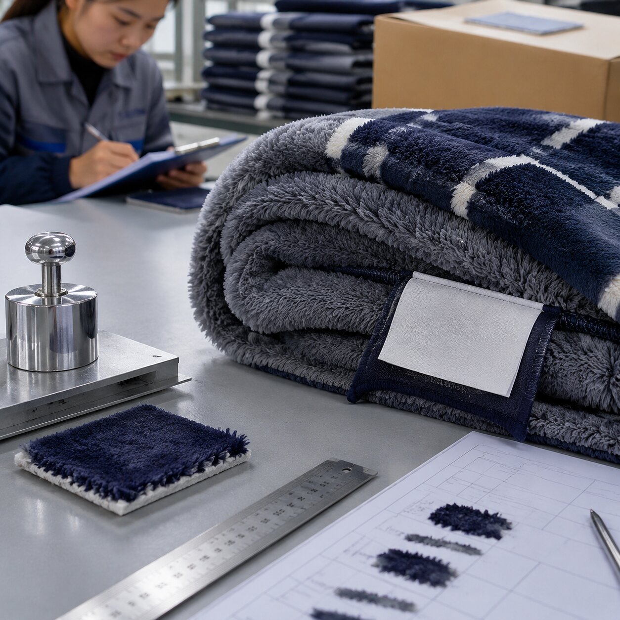 340gsm recycled polyester raschel blanket with heat-stamped care label under factory inspection lights