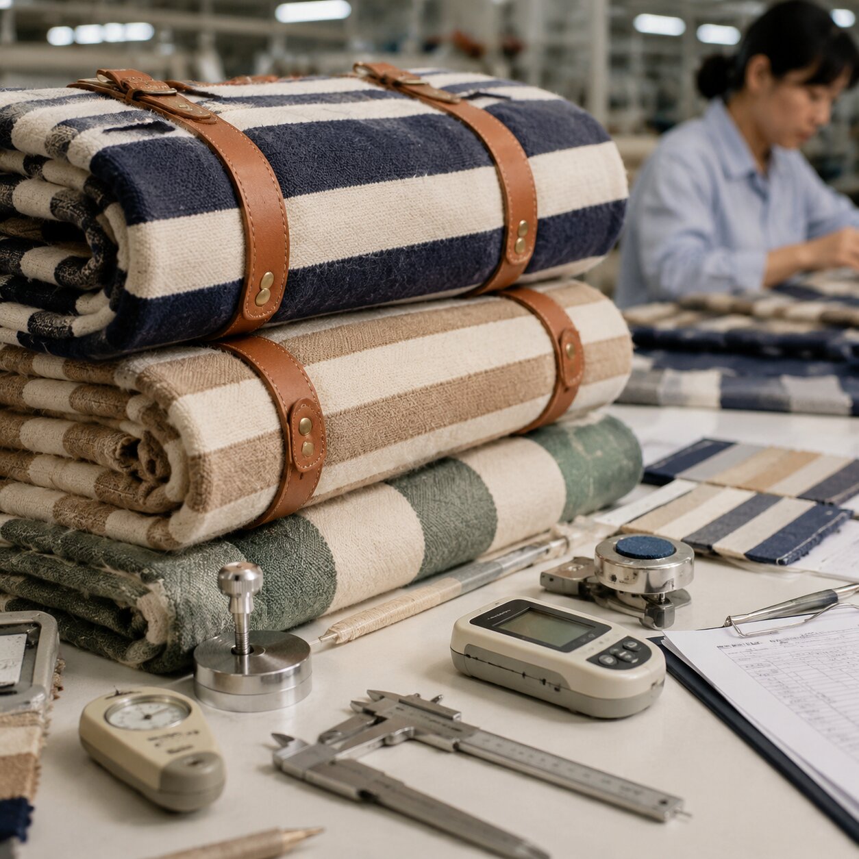 Yarn-dyed striped cotton-acrylic picnic blankets folded with brown PU harness and riveted straps on a factory inspection table