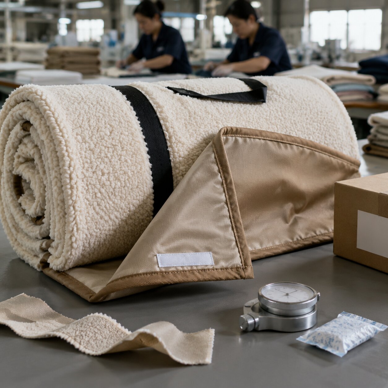 Rolled recycled sherpa picnic blanket with tan 210D PU backing, black webbing strap and exposed sherpa pile edge