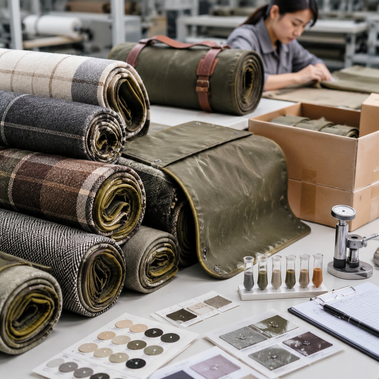 Stacks of folded 240gsm RPET microfleece travel throws in corrugated cartons beside stretch-wrapped pallets at a Ningbo export packing line