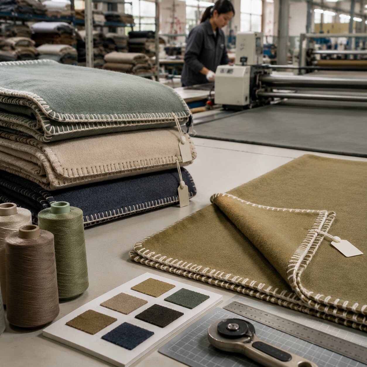 Folded 380gsm wool-touch recycled polyester throw with contrast whipstitch edge on a cutting table beside thread cones and QC ruler