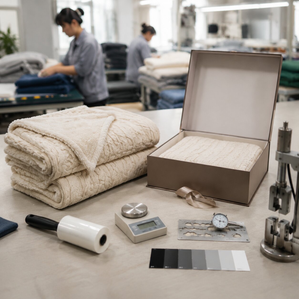 Cream 400gsm faux lambswool polyester throw with cable-knit face folded beside printed gift box and QC measuring tools