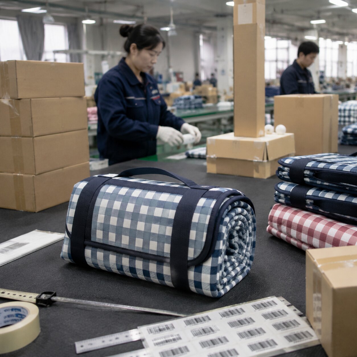 Folded 150x200cm 420D Oxford picnic mats with 2mm EPE foam stacked beside export cartons in a factory packing area