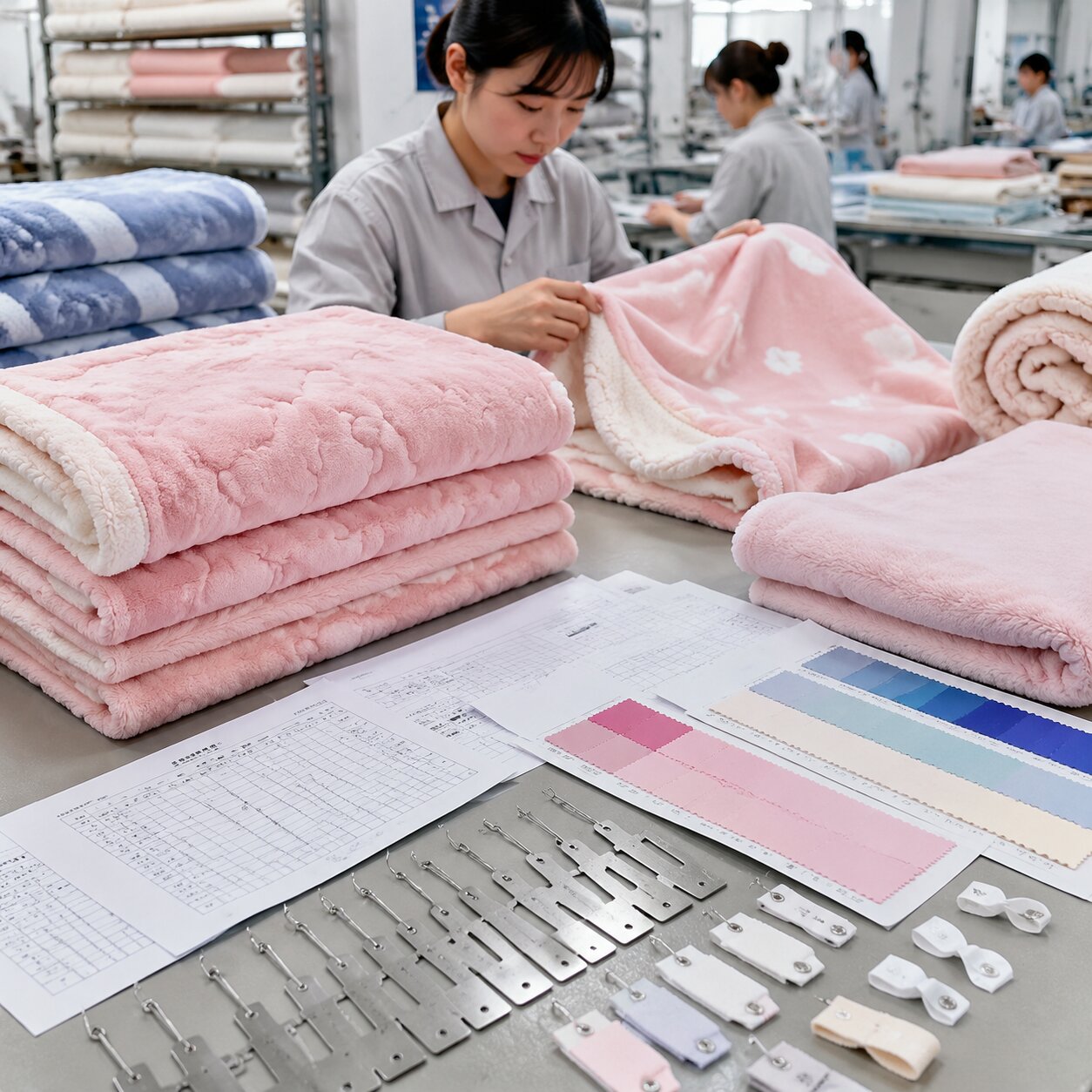 Pastel 420gsm coral fleece baby blankets on a QC table with binding gauges, shade bands and test reports