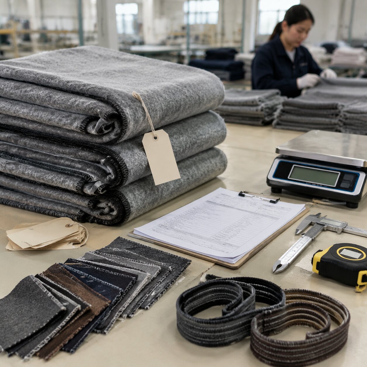 450gsm grey wool-polyester camp blankets stacked beside a lab test report and woven edge samples