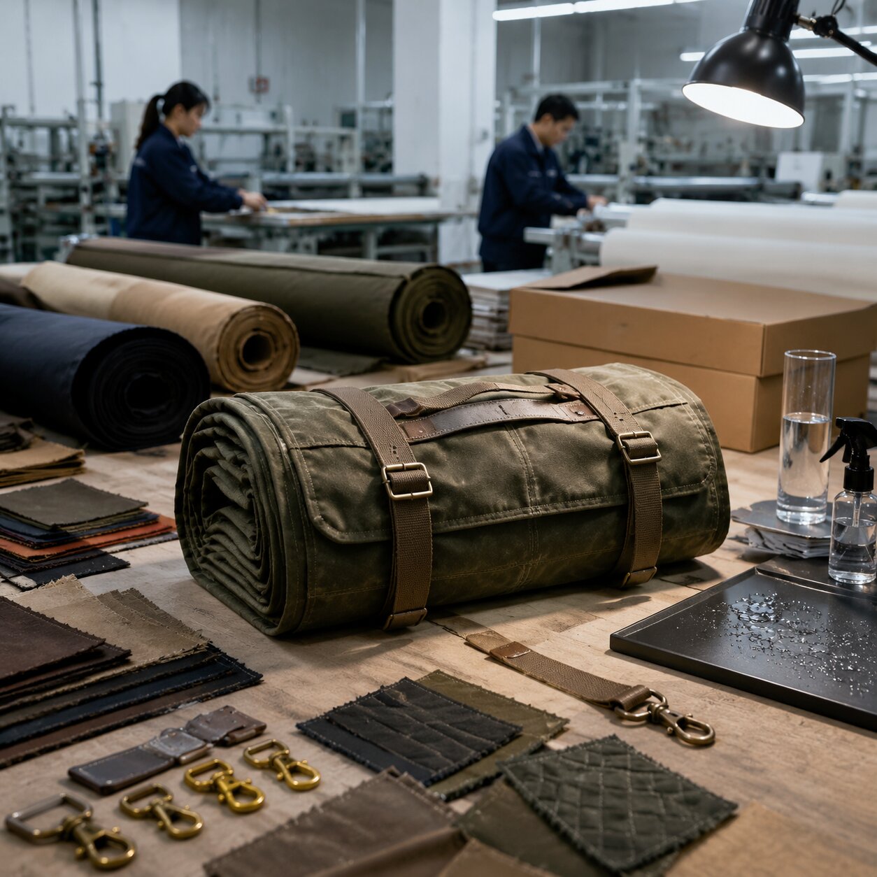 Folded 500gsm waxed cotton canvas picnic blanket with carry straps, wax-finished fabric rolls, seam samples, and QC test tools on a factory table