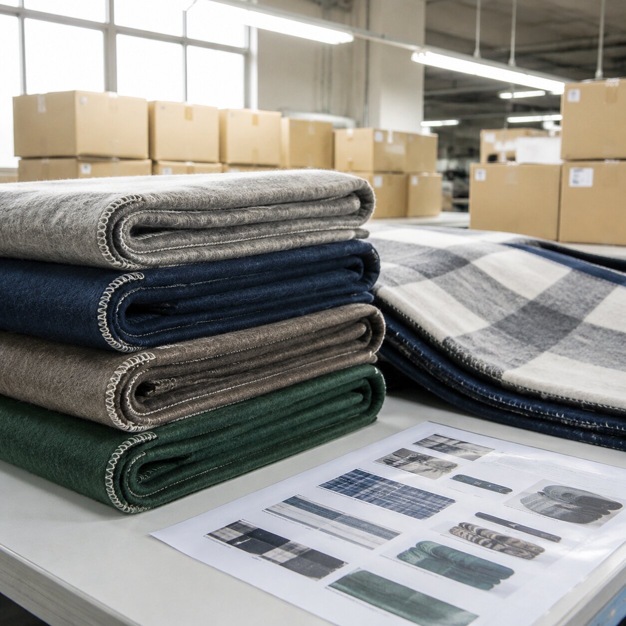 Stacked 500gsm needle-punched polyester felt picnic rugs with overlocked edges and carton labels in a packing area
