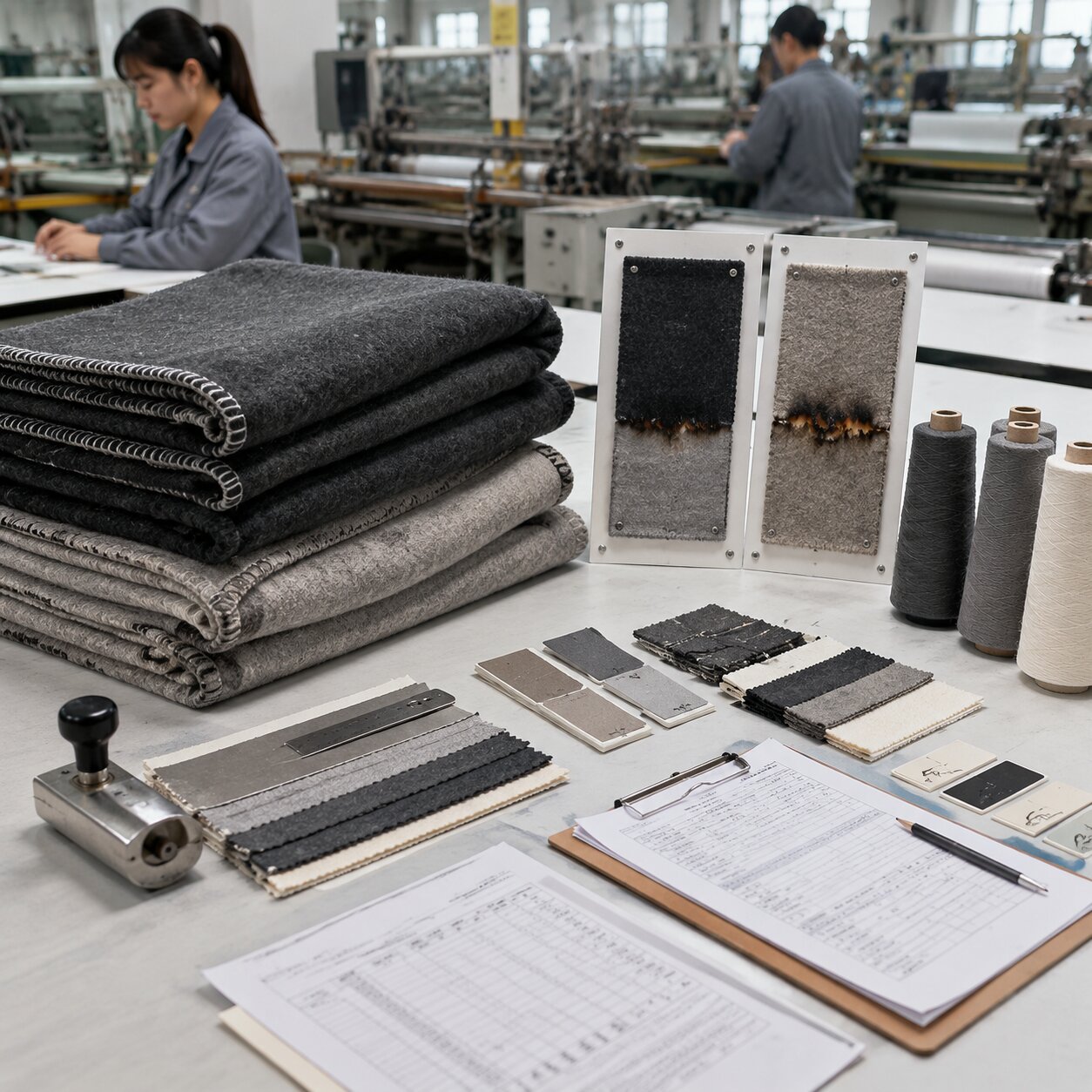 Folded grey merino-wool blend cabin blankets on a cutting table beside burn-test specimens, woven labels, thread cones, and QA paperwork in a textile mill