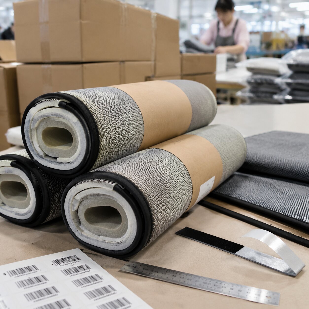 Rolled 600D RPET Oxford picnic mats with XPE foam core and retail wrap bands on a factory packing table