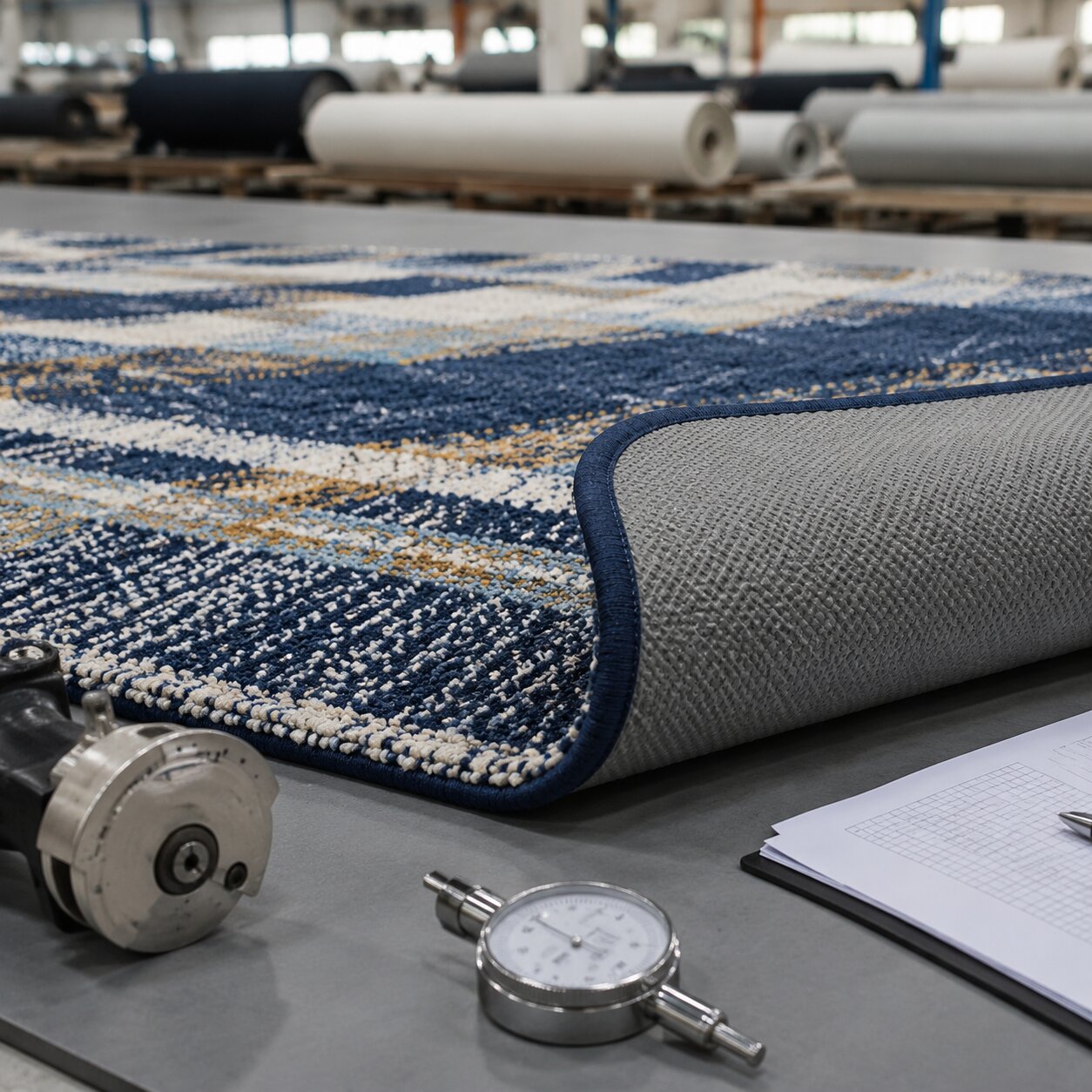 Close view of a 700gsm tufted polyester picnic rug with textured pile and latex spray backing edge turned up