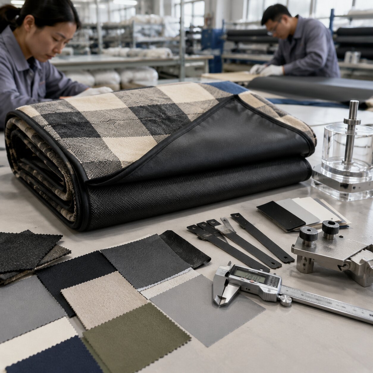 900D polyester picnic blanket with black PVC-free TPE backing folded on a factory inspection table beside cold-flex and peel-strength test samples