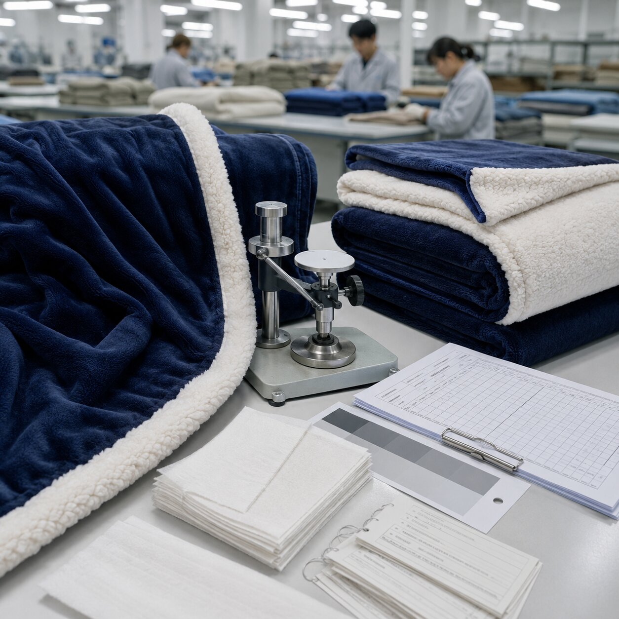 Navy sherpa blanket fabric under crocking test control in a textile quality lab