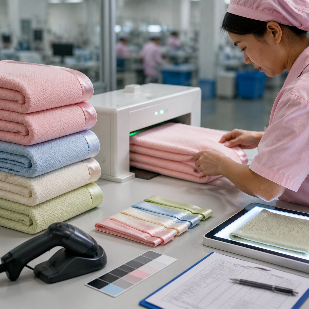 Close-up of cream 320gsm air-layer knitted polyester baby blankets with satin-edge binding stacked beside QC inspection tools