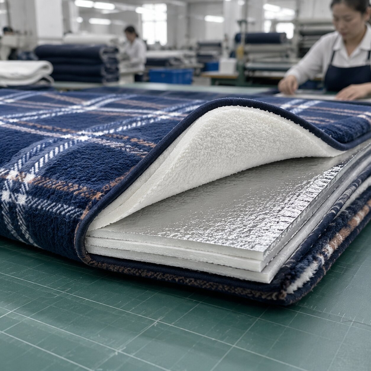 Layered aluminum film backed fleece picnic mat showing 180gsm fleece face, 3mm XPE foam core and reflective backing