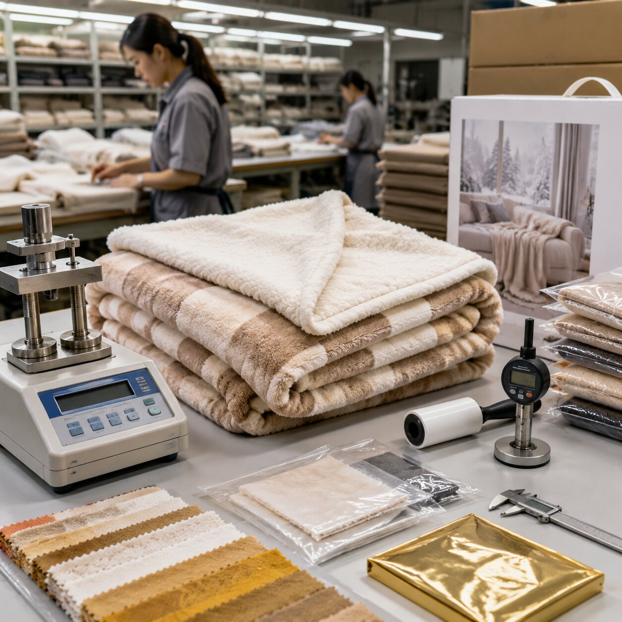 Close-up of a 360gsm PV plush polyester throw on a QC table beside a resistance meter, lint roller, calipers and fabric swatches