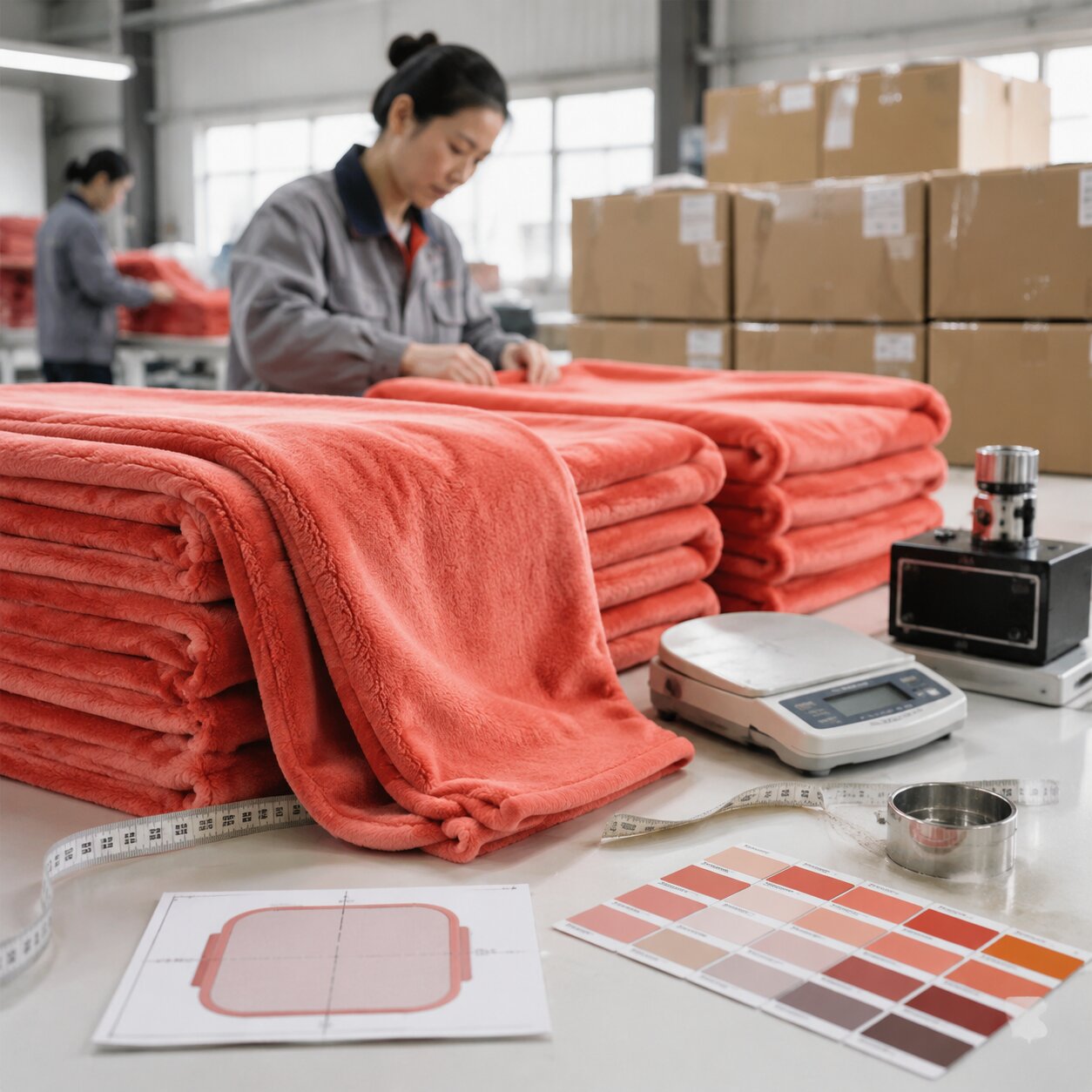 QC table with 200gsm coral fleece promotional blankets, measuring tape, GSM cutter, carton labels and inspection report