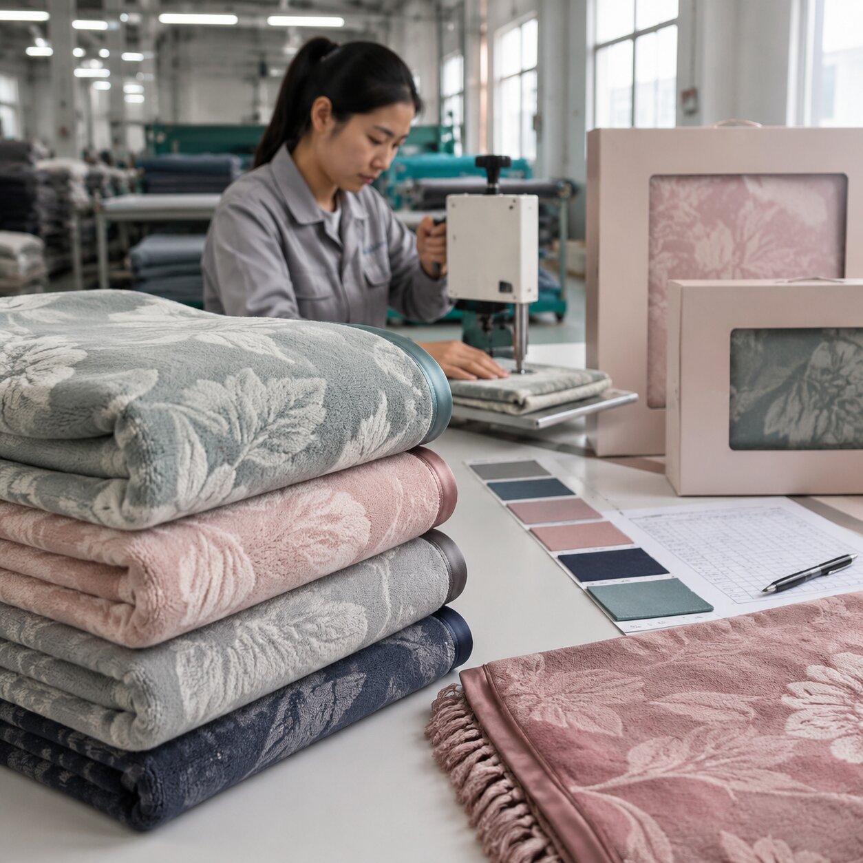 QC table with 280gsm jacquard flannel throw blankets, satin binding samples, measuring tape, GSM cutter and gift cartons