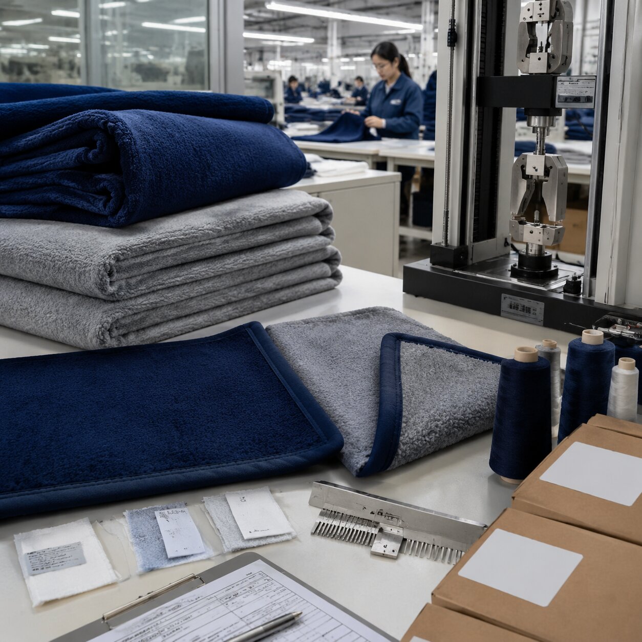 300gsm polar fleece stadium blankets with polyester bound edges beside tensile and seam test equipment in a textile lab