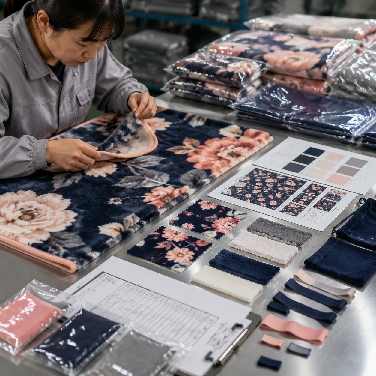 Printed coral fleece throw component swatches, sealed bulk samples, lot tags, and azo amine compliance paperwork laid out on a textile QC inspection table