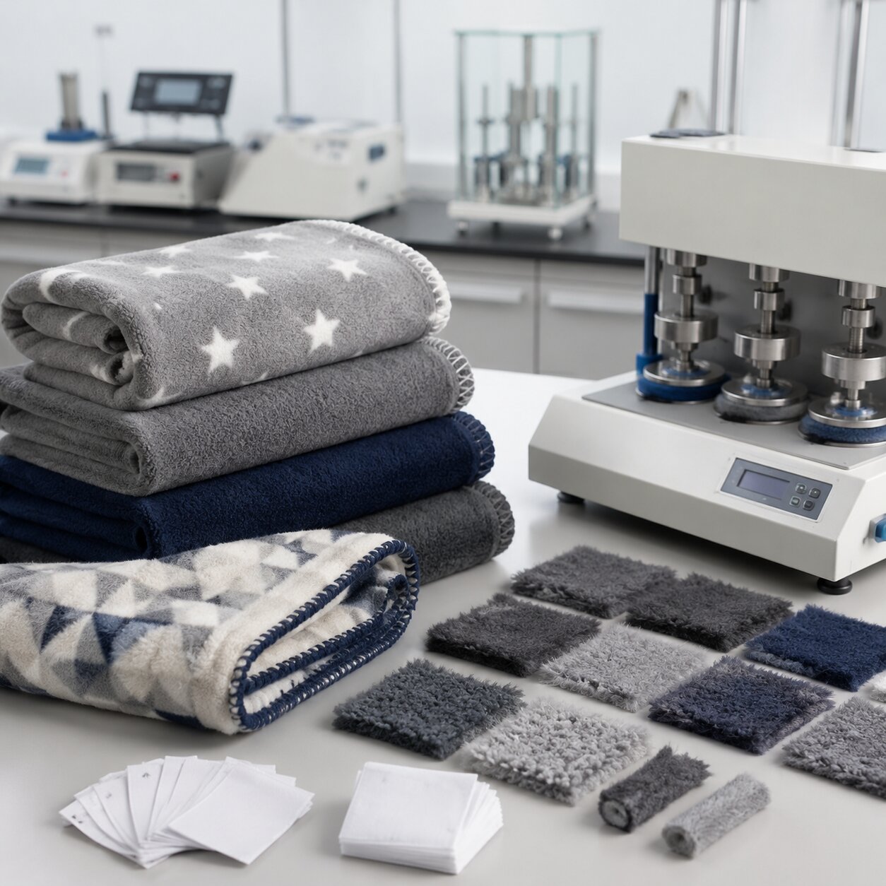 Stacked bamboo-charcoal polyester fleece blankets on a factory inspection table with color swatches, wash-test notes, and barcode labels