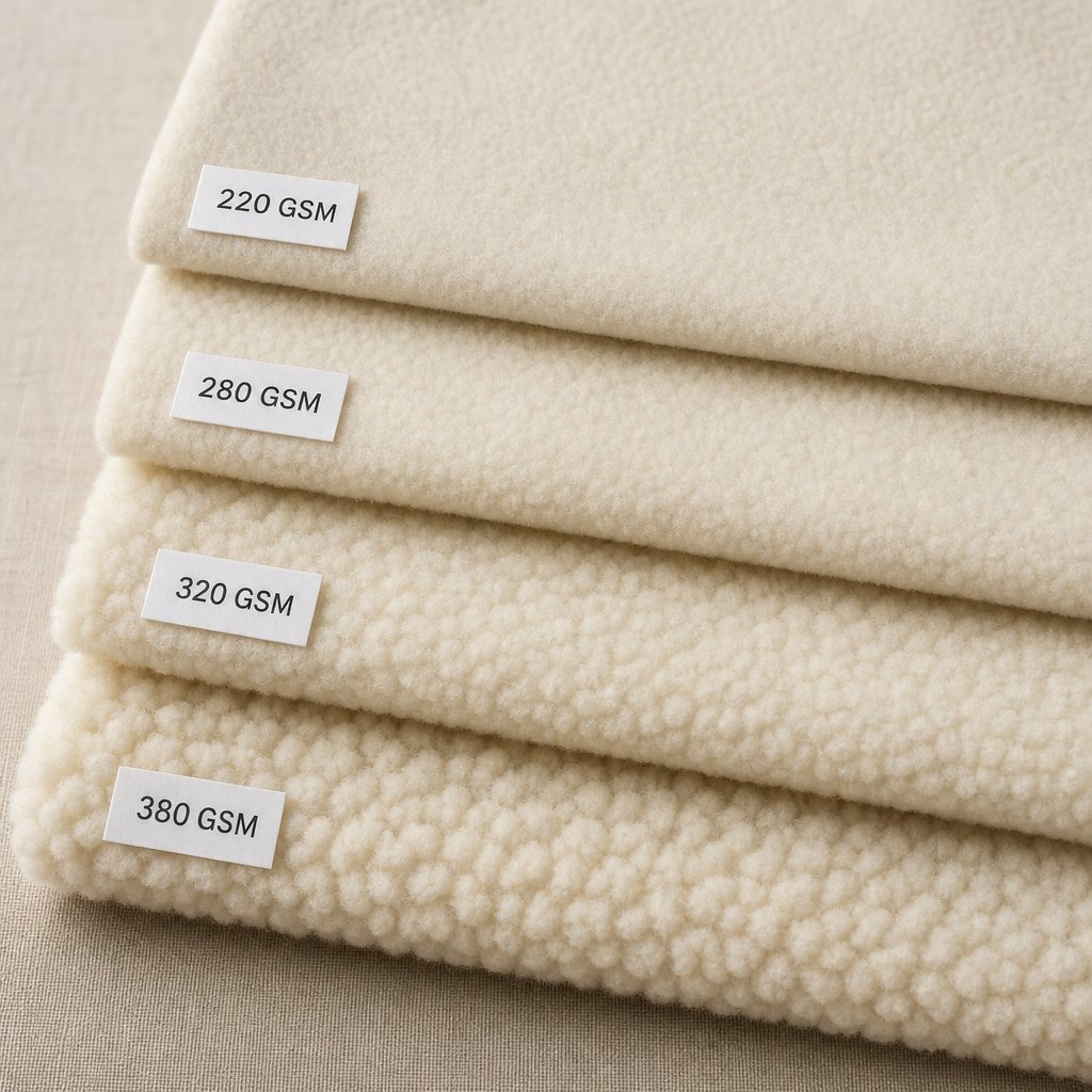 Four fleece blanket fabric samples stacked showing different GSM weights