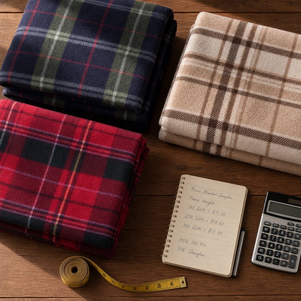 Stacked custom picnic blankets illustrating a small first-order quantity for a startup brand