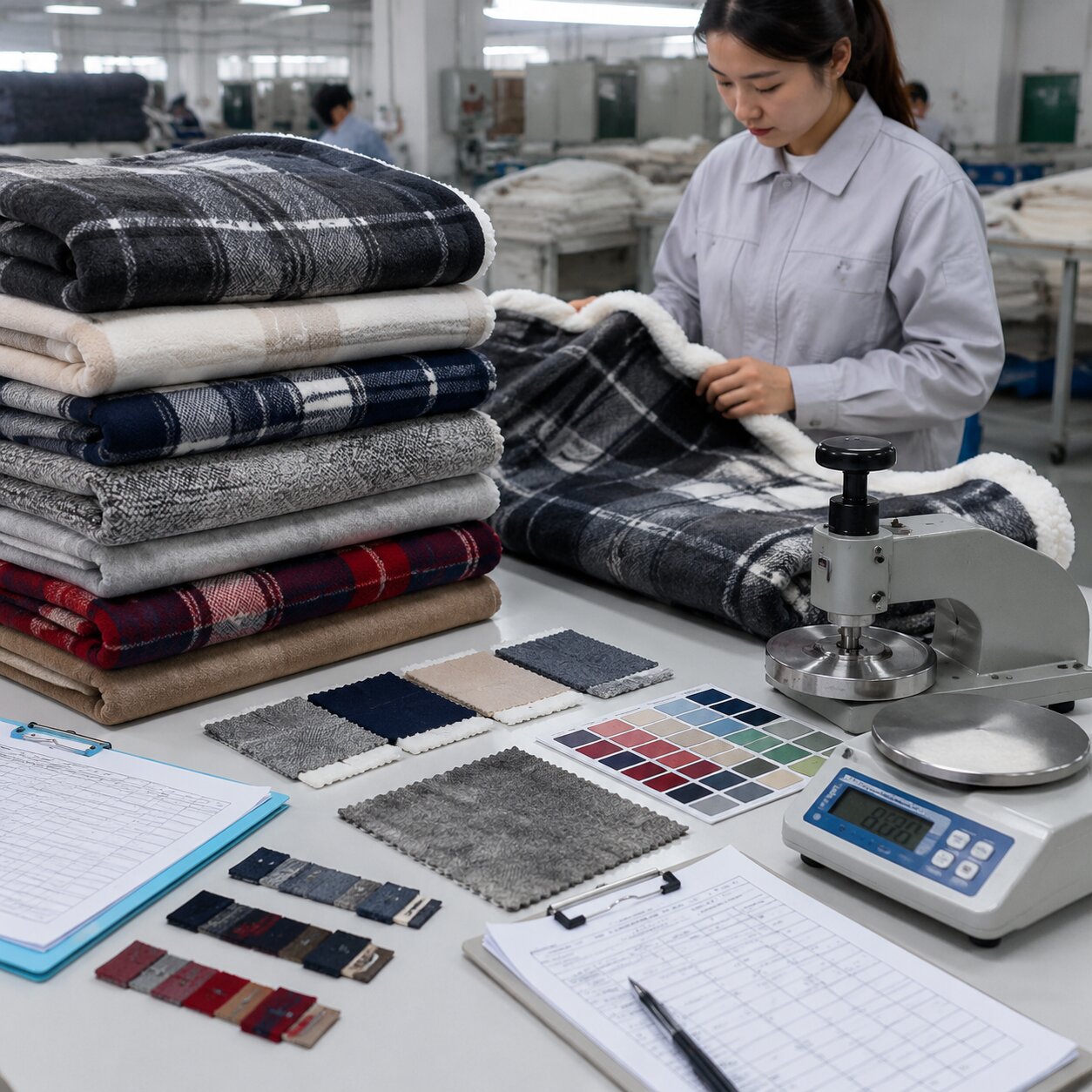 320gsm navy polyester fleece caravan blankets folded with test swatches and BS 5852 lab request paperwork on a mill inspection table
