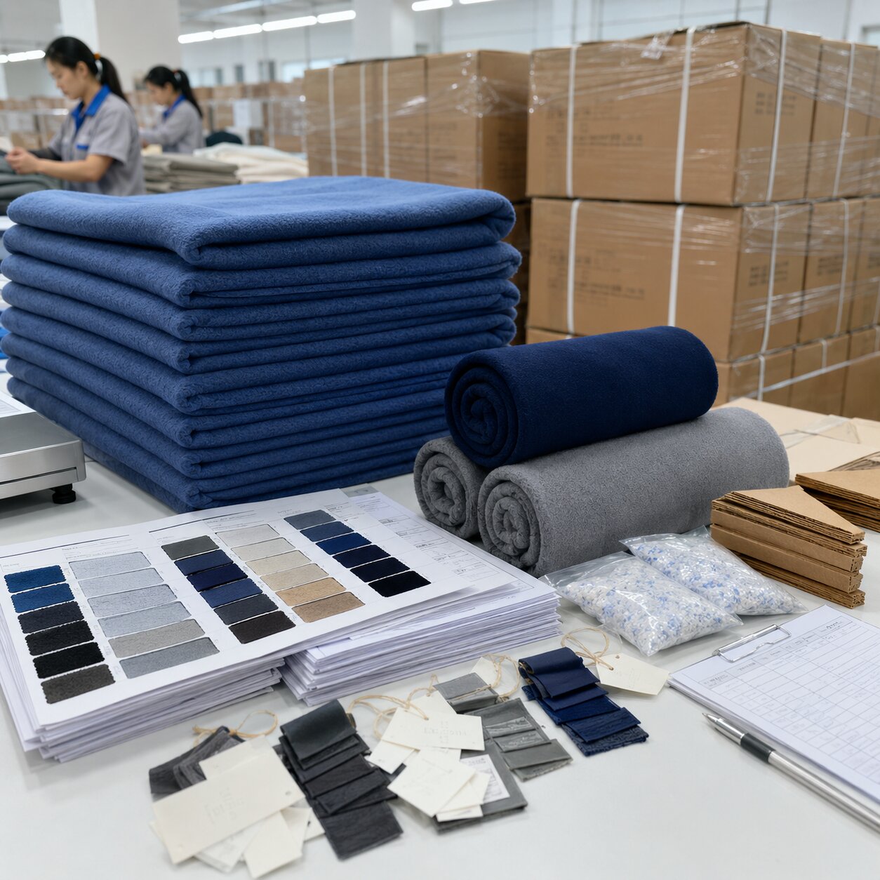 Stacked 200gsm polar fleece donation blankets on an inspection table with GSM swatches, bilingual carton marks, QC tags, and packing records