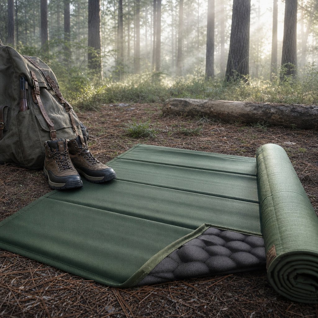 Heavy-duty moss green Oxford camping mat partially unfolded on pine-needle forest floor