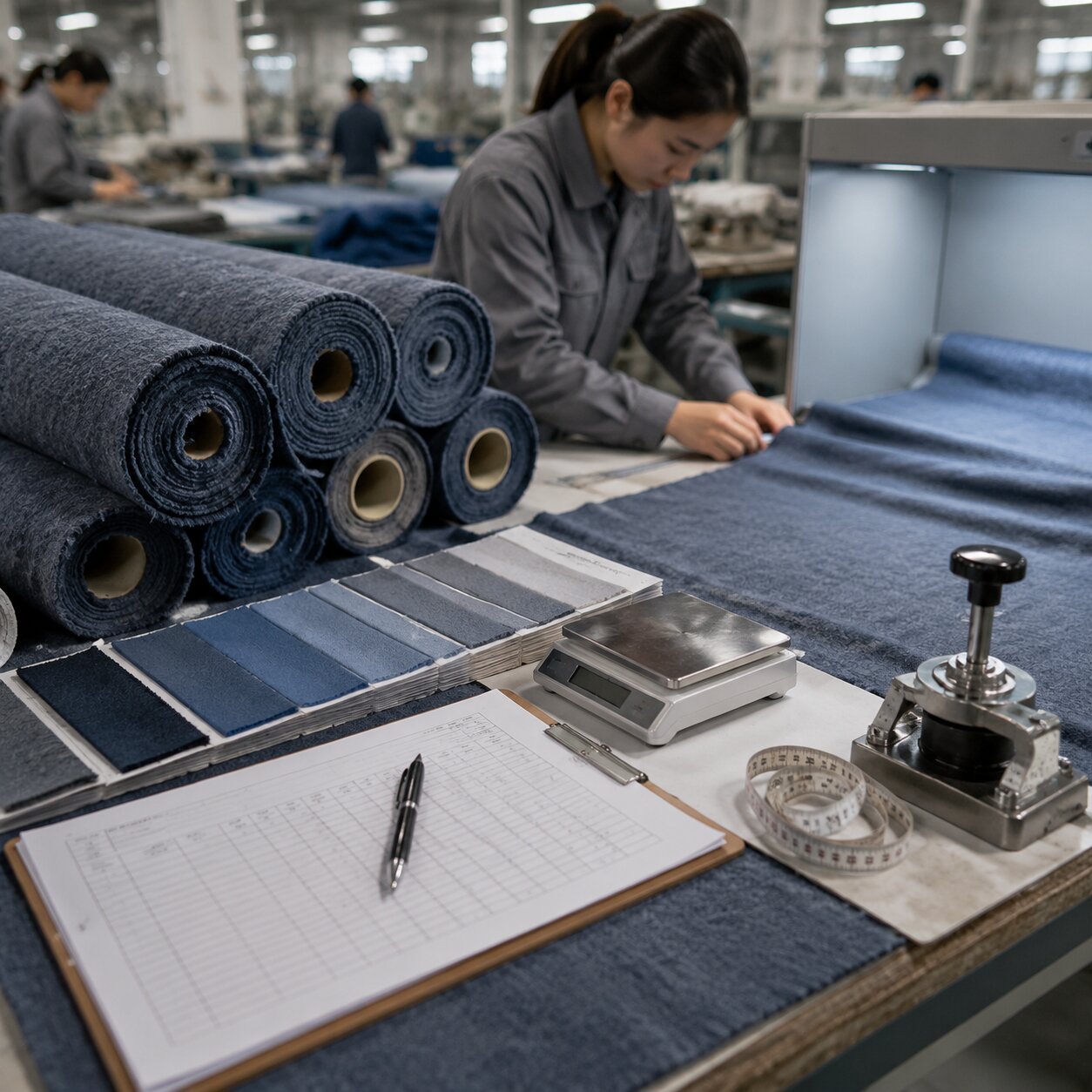 Rolls of grey and navy cationic heather fleece beside approved lab dips and a GSM cutter on a textile inspection table