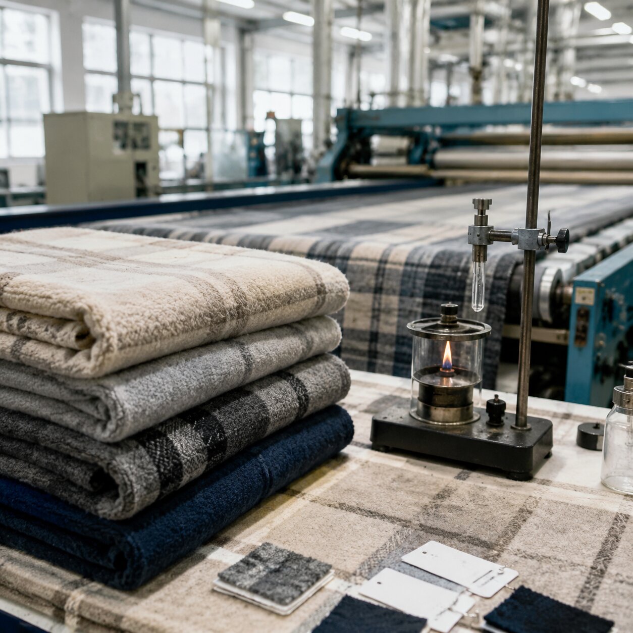 A QC technician inspecting stacked 220gsm polyester fleece blankets beside flammability lab test equipment in a textile factory