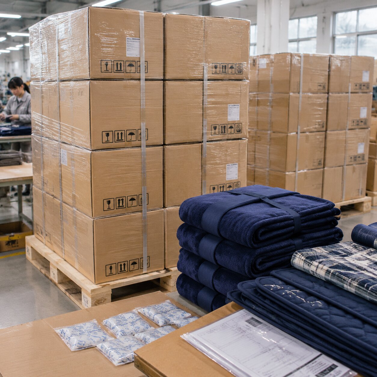Cartons of folded fleece throws stacked on export pallets with labels and stretch wrap in a blanket mill warehouse