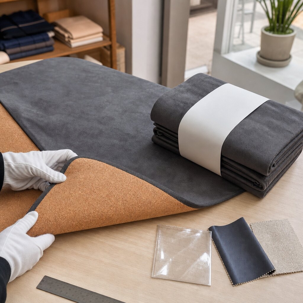 Cork-backed microfiber suede picnic blanket folded beside museum shop shelves and comparison swatches