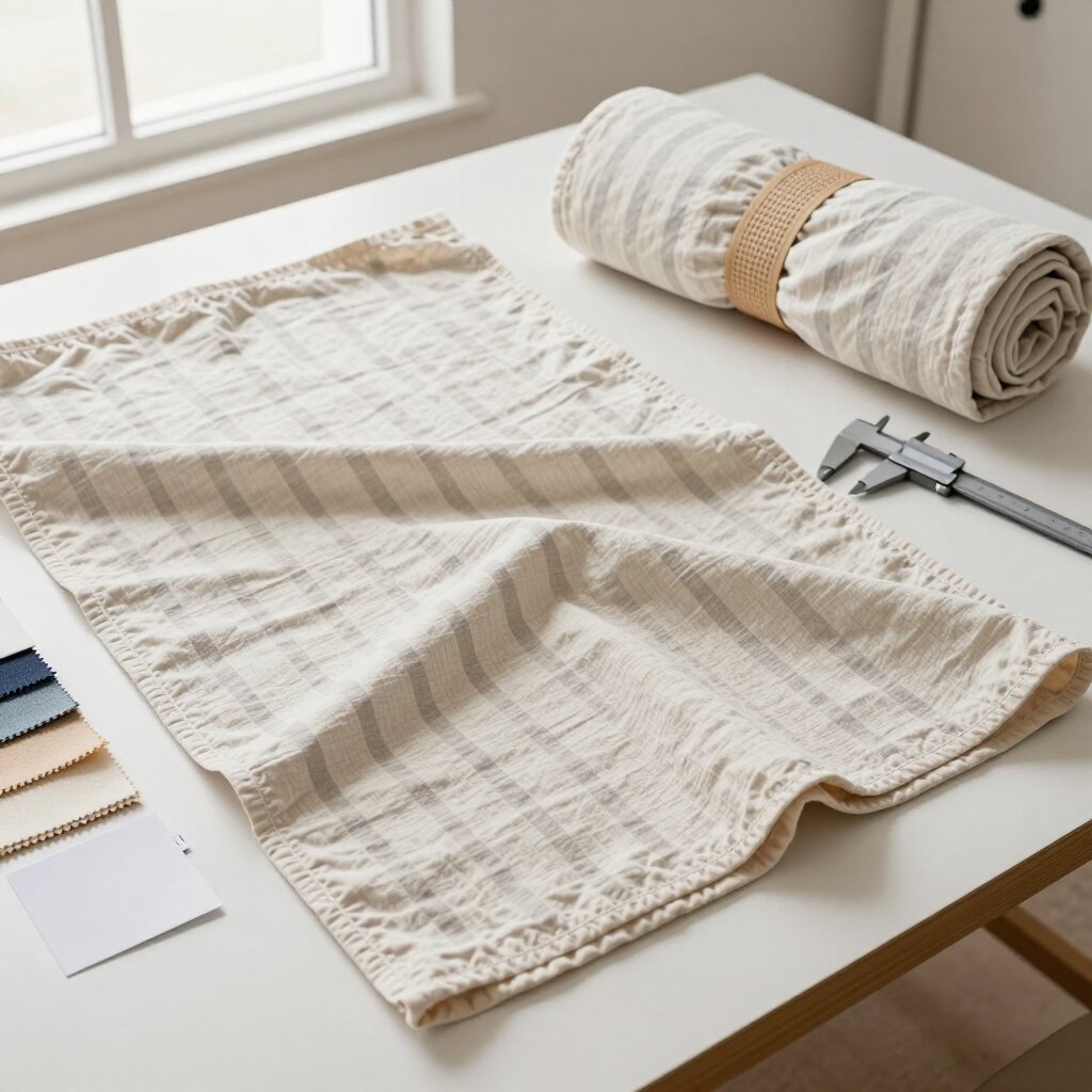 Cotton gauze striped picnic throws folded with woven webbing harnesses beside inspection notes