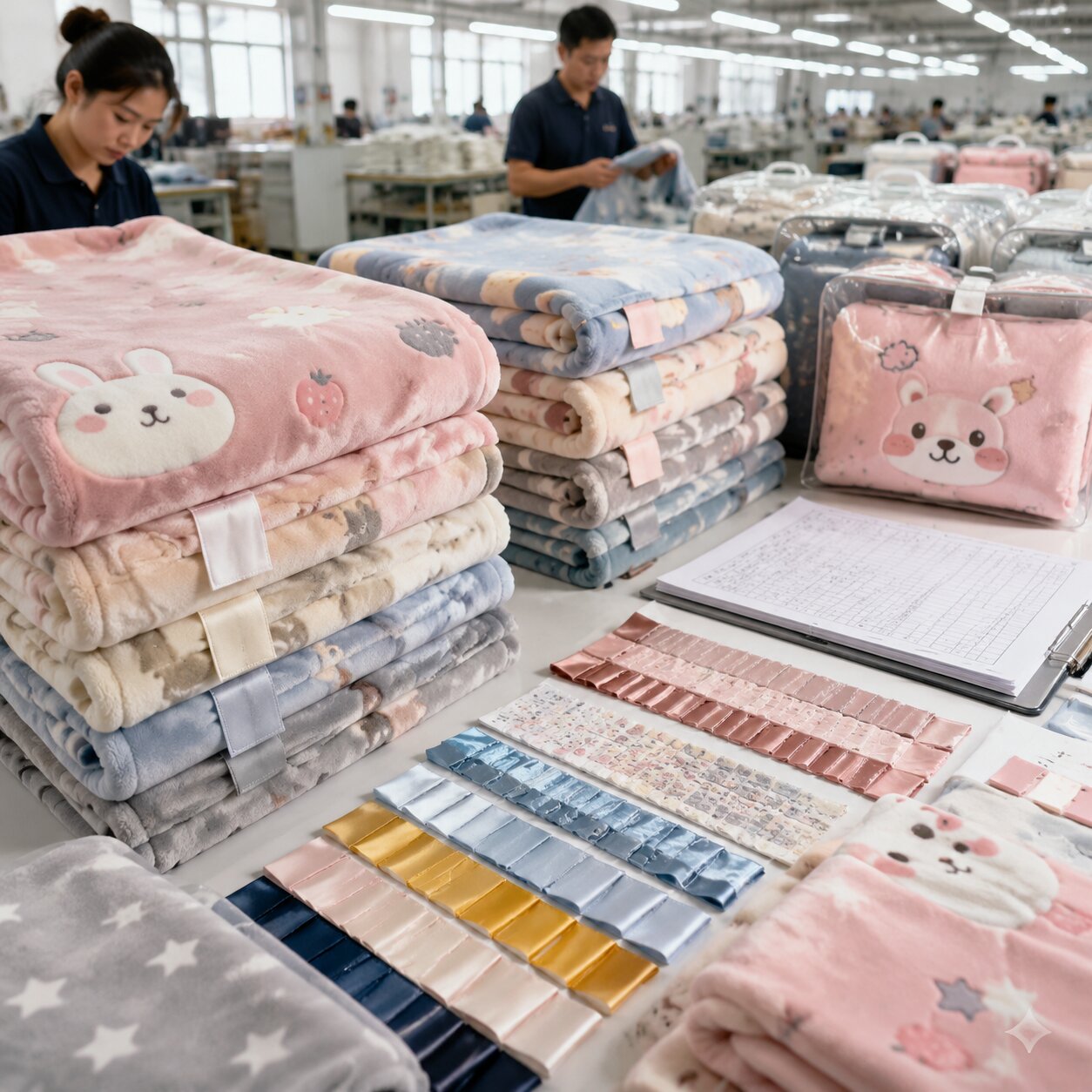 Printed 300gsm polyester mink baby blankets on a cutting table with sewn tracking labels, care labels, packaging samples and QC paperwork beside lab-dip swatches