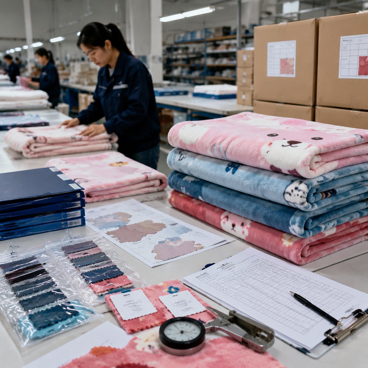 Printed coral fleece kids blanket with sewn CPSIA tracking label and folded retail belly band on a QC table