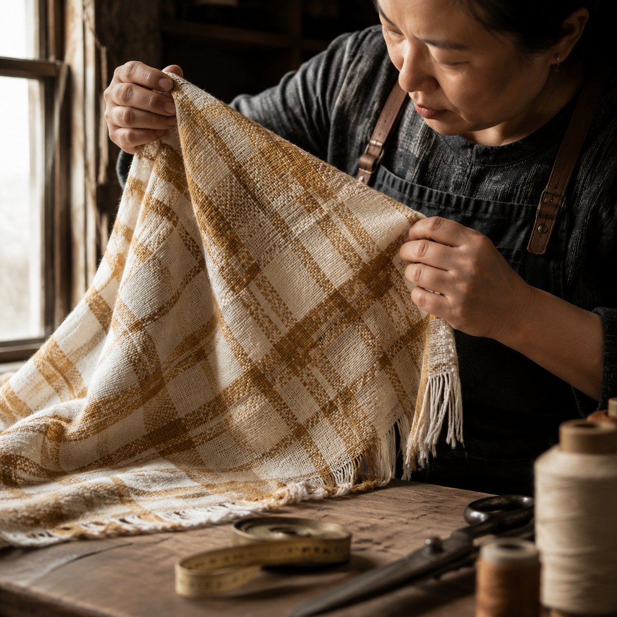 Skilled hands inspecting freshly woven tartan picnic blanket in warm window light