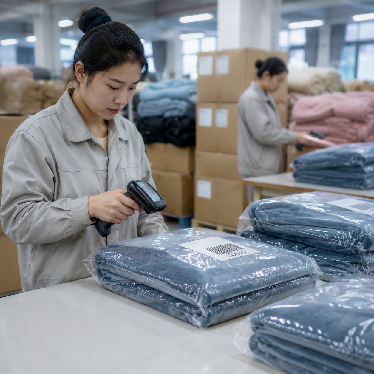 Folded 150gsm microplush throws in clear polybags with barcode stickers and outer cartons staged for export labeling