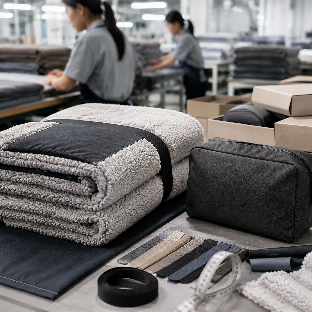 Stacked 280gsm RPET sherpa travel blankets beside open zipper pouches, binding samples, measuring tape, and airline amenity kit cartons on a cutting table