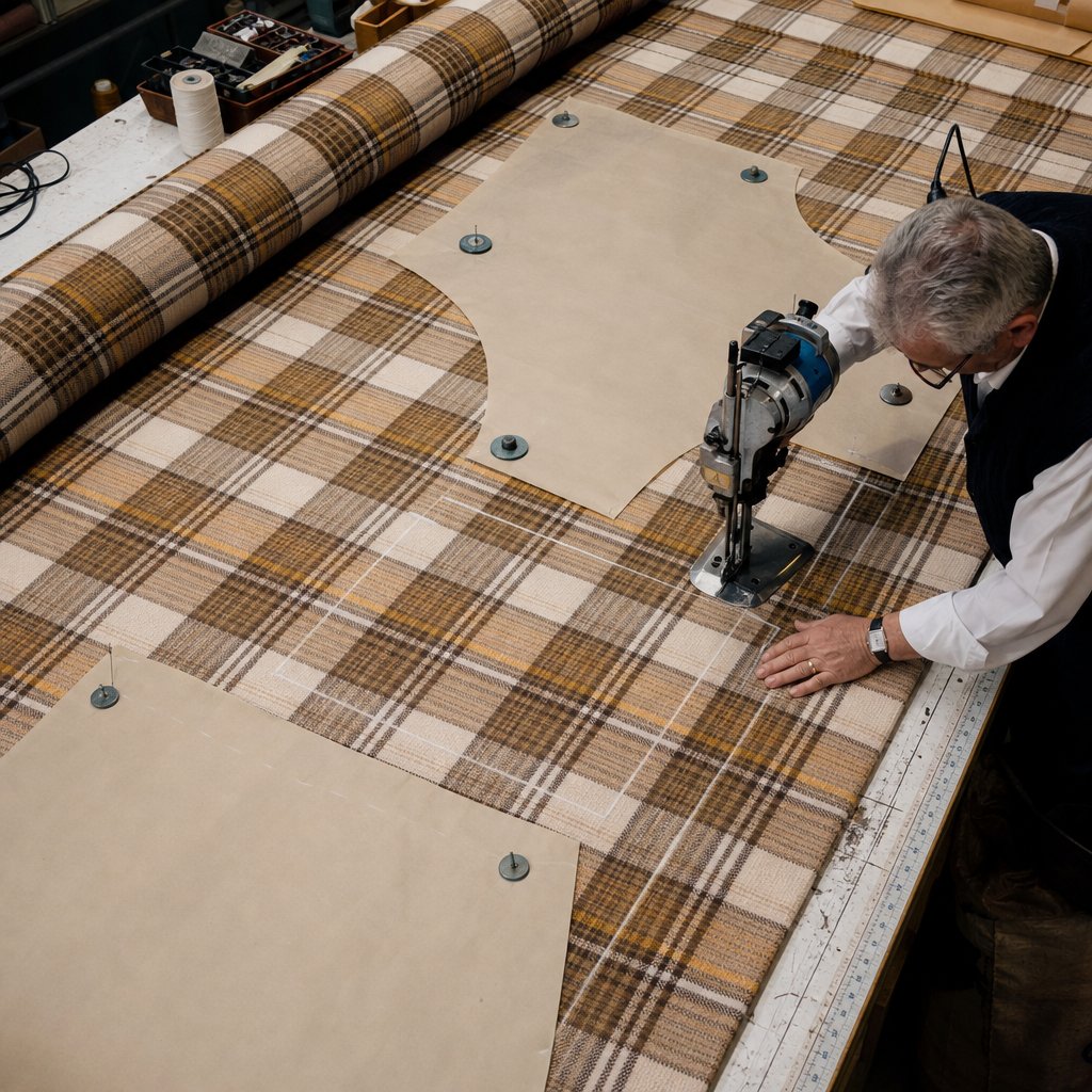 Long cutting table with bolt of tartan picnic blanket fabric being cut to spec at FIELDLOOM