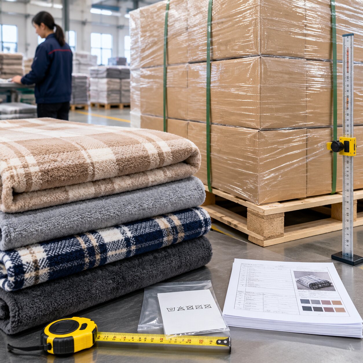 Stacked 320gsm Raschel polyester blankets in export cartons on heat-treated pallets with Arabic care insert samples and pallet height measuring tape in a warehouse