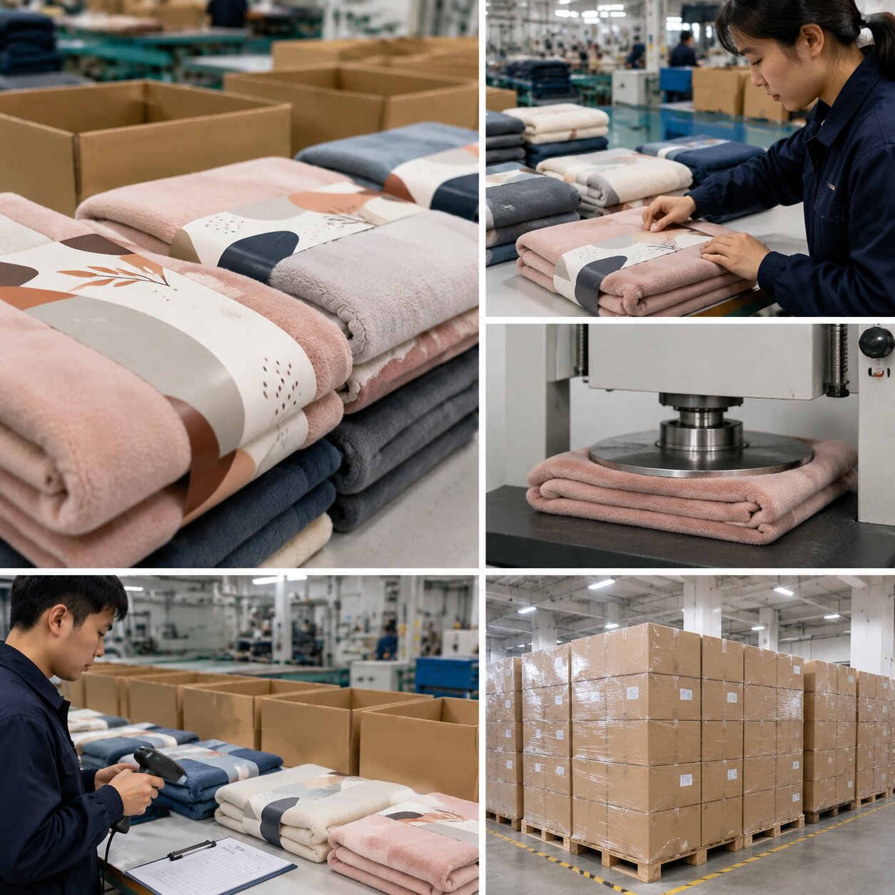 Stacked 260gsm brushed polar fleece blankets wrapped with printed belly bands in a UK distribution packing line