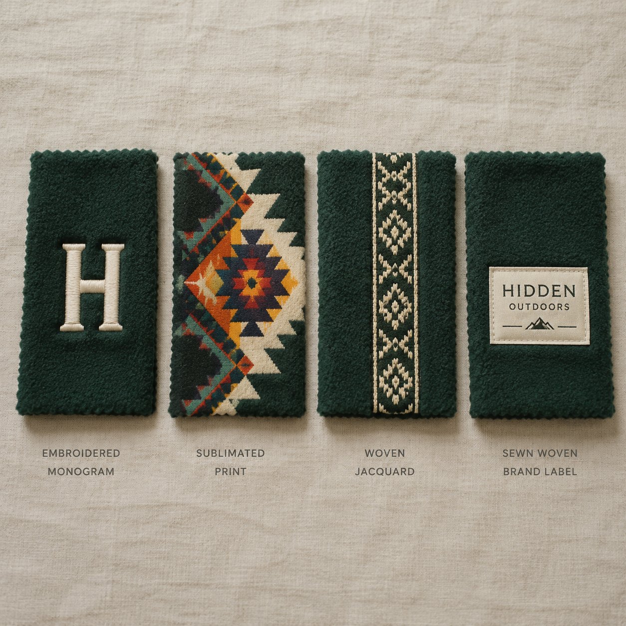 Four custom blanket decoration samples — embroidery, sublimation, jacquard and woven label — on forest-green fleece swatches