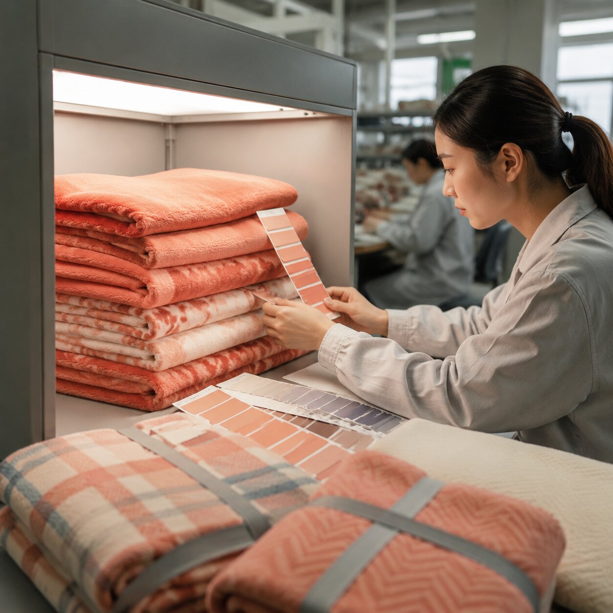 Stacks of folded dope-dyed coral fleece blankets in coordinated club-store shades beside lab dip swatches and QC lighting in a textile mill