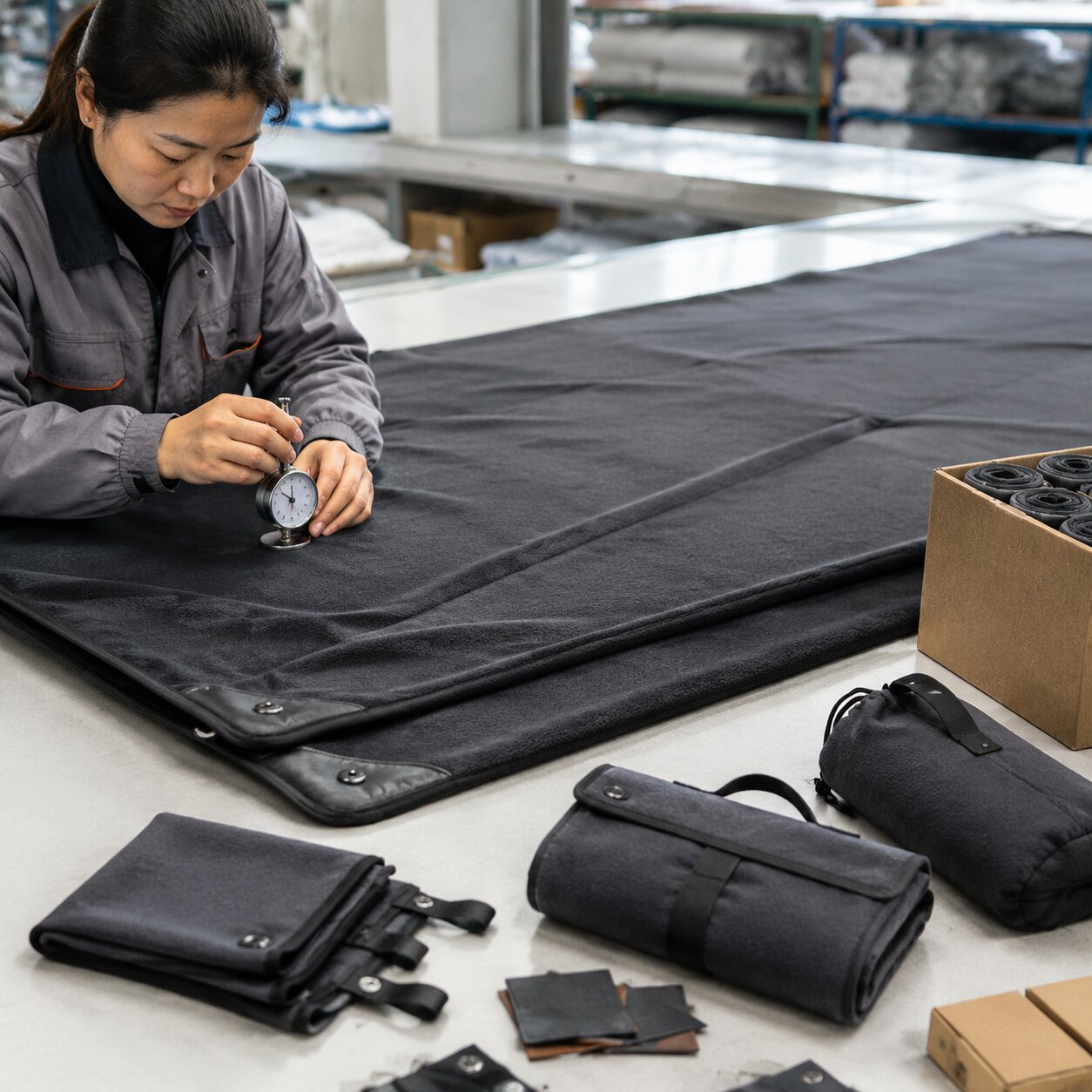 Double-brushed polar fleece camping blanket with snap corners folded beside snap pull test gauge and carton packing samples