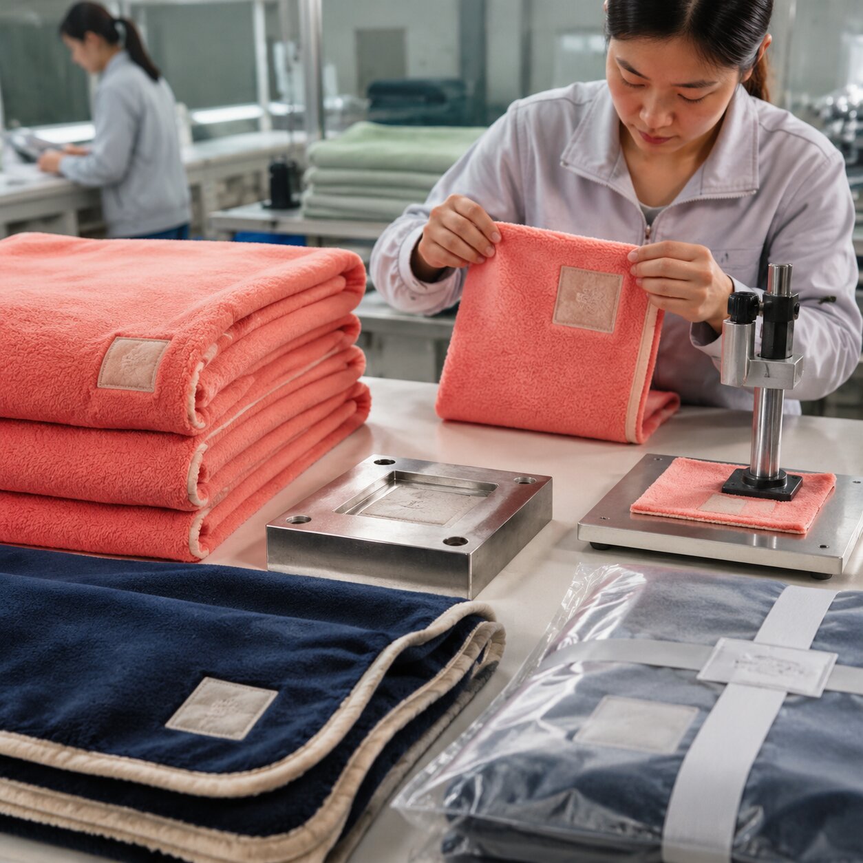 Stacked 240gsm embossed coral fleece blankets with heat-sealed brand patches, sample swatches, mold plates, and packed gift sets in a QC room