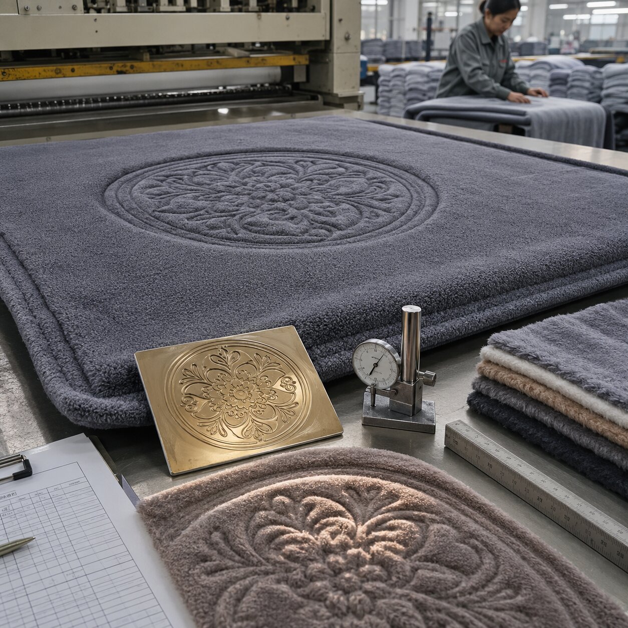 Coral fleece throw blanket being embossed with a logo plate on a heat press in a textile mill